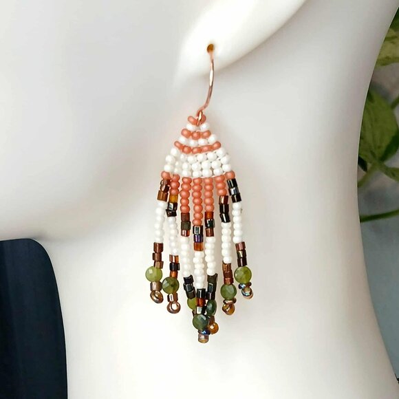 BOGO EARRINGS Jade Beaded Fringe Dangle Earrings, Earthy Tones, 2.75" - Picture 1 of 7